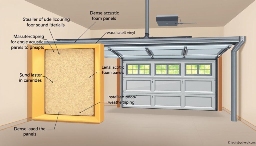 A detailed, high-quality 3D illustration of various DIY soundproofing techniques for a garage door. The foreground shows a cutaway view of the garage door, revealing the internal construction and materials used for soundproofing, such as dense acoustic foam panels, mass-loaded vinyl, and weatherstripping. The middle ground depicts the garage door installed in an actual garage setting, with a focus on the seals and insulation around the edges. The background showcases the overall garage interior, with neutral-toned walls and floor, and natural lighting filtering in through the doorway. The image has a clean, technical aesthetic with a muted color palette to convey a sense of functional simplicity.