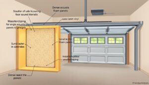 A detailed, high-quality 3D illustration of various DIY soundproofing techniques for a garage door. The foreground shows a cutaway view of the garage door, revealing the internal construction and materials used for soundproofing, such as dense acoustic foam panels, mass-loaded vinyl, and weatherstripping. The middle ground depicts the garage door installed in an actual garage setting, with a focus on the seals and insulation around the edges. The background showcases the overall garage interior, with neutral-toned walls and floor, and natural lighting filtering in through the doorway. The image has a clean, technical aesthetic with a muted color palette to convey a sense of functional simplicity.