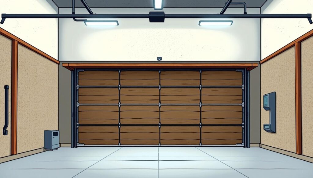 A large, well-lit garage interior with a focus on the garage door. The door is made of sturdy, sound-absorbing materials like thick wood or heavy-duty insulation panels. The door is closed, forming a seamless barrier between the garage and the outside world. The lighting is bright and even, illuminating the door's details and textures. The overall atmosphere is one of solidity, quietness, and functionality, conveying the importance of an effective soundproofing solution for a garage door.