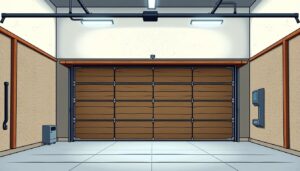 A large, well-lit garage interior with a focus on the garage door. The door is made of sturdy, sound-absorbing materials like thick wood or heavy-duty insulation panels. The door is closed, forming a seamless barrier between the garage and the outside world. The lighting is bright and even, illuminating the door's details and textures. The overall atmosphere is one of solidity, quietness, and functionality, conveying the importance of an effective soundproofing solution for a garage door.