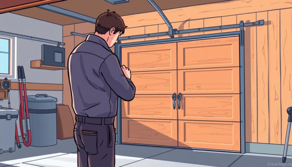 A neatly organized garage interior with a large wooden garage door in the background. In the foreground, a person in work clothes is inspecting the door's insulation, gently running their hands over the weatherstripping and foam panels. Soft, diffused lighting illuminates the scene, casting long shadows and highlighting the textural details. The overall mood is one of diligent maintenance, with a sense of order and attention to detail. The image captures the importance of proper insulation care for a soundproofed garage door.