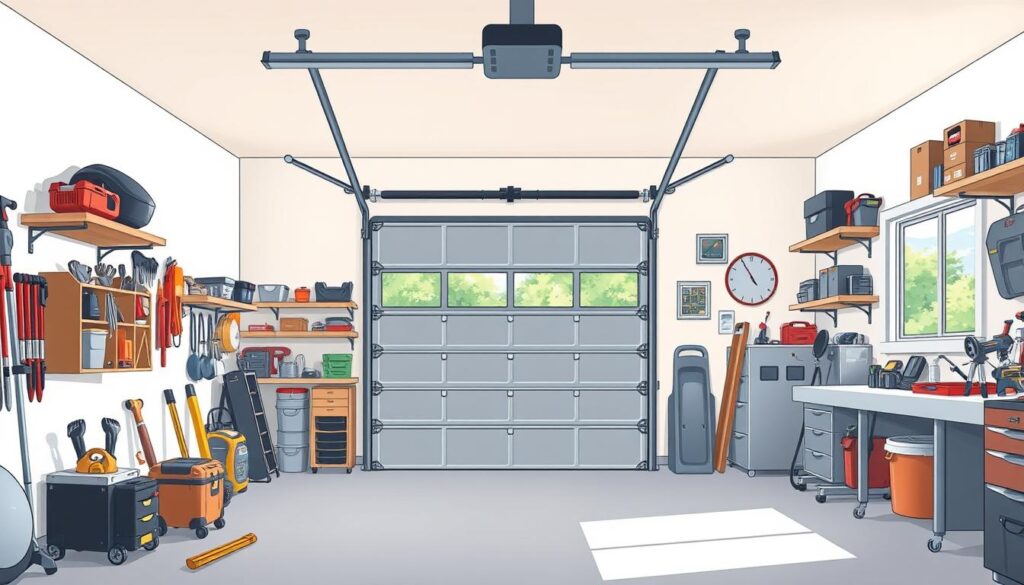 A spacious, well-lit garage interior with a focus on the garage door. The door is positioned in the center, showcasing its size and design. The foreground includes tools, equipment, and various objects typically found in a garage setting, providing context and scale. The middle ground features a clean, organized workspace with shelves, workbenches, and storage solutions. The background depicts a sunny, natural environment outside the garage, hinting at the connection between the indoor and outdoor spaces. The lighting is soft and even, creating a welcoming and functional atmosphere. The overall composition emphasizes the importance of considering the size and dimensions of the garage door when planning a garage installation or renovation.