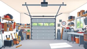 A spacious, well-lit garage interior with a focus on the garage door. The door is positioned in the center, showcasing its size and design. The foreground includes tools, equipment, and various objects typically found in a garage setting, providing context and scale. The middle ground features a clean, organized workspace with shelves, workbenches, and storage solutions. The background depicts a sunny, natural environment outside the garage, hinting at the connection between the indoor and outdoor spaces. The lighting is soft and even, creating a welcoming and functional atmosphere. The overall composition emphasizes the importance of considering the size and dimensions of the garage door when planning a garage installation or renovation.