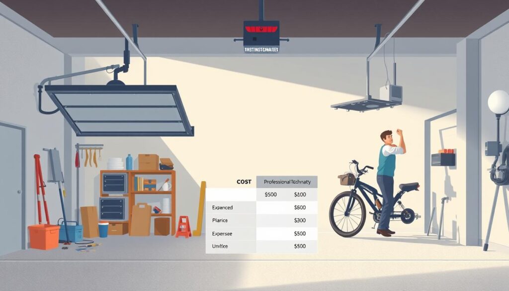 A well-lit, contemporary garage interior with an open overhead door on the left, showcasing a DIY installation process, and a professional technician working on a garage door on the right. The DIY setup has basic tools and materials, while the professional side features advanced equipment and a more organized workspace. The middle ground depicts a cost comparison chart highlighting the differences in expenses between the two installation methods. Soft shadows, neutral tones, and a clean, informative composition create a balanced, educational visual aid.