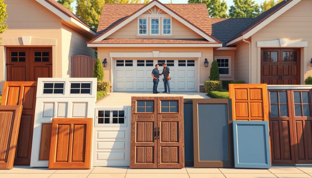 A well-lit, photorealistic image of various types of garage doors, showcasing their unique designs and materials. In the foreground, a selection of garage door panels in different colors, textures, and styles - wood, steel, aluminum, and glass - arranged to highlight their distinctive features. In the middle ground, a garage door installation in progress, with workers demonstrating the assembly process. The background features a suburban setting, with a neatly landscaped yard and a two-car garage, providing context for the scene. The lighting is natural, creating warm, soft shadows and highlights that enhance the depth and realism of the image. The camera angle is slightly elevated, giving a comprehensive view of the garage door installation process and the variety of options available.