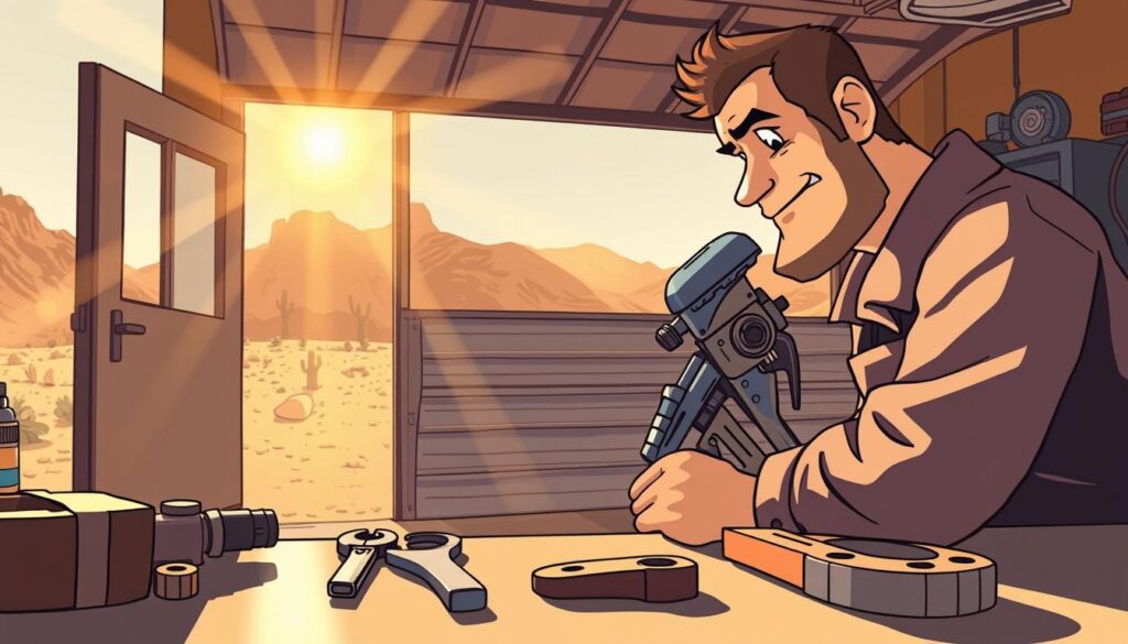 A bead of sweat trickles down a mechanic's brow as they diligently work on a garage door in the scorching Arizona heat. Sunlight streams through the open doorway, casting warm, golden hues across the scene. In the foreground, the mechanic's tools are neatly laid out, ready for the task at hand. The garage door itself is the focal point, its intricate mechanisms being carefully examined and maintained. In the background, the dusty, parched landscape of the Arizona desert provides a stark contrast to the cool, sheltered interior of the garage. The atmosphere is one of concentrated effort and determination, as the mechanic tackles the challenges posed by the extreme weather conditions.