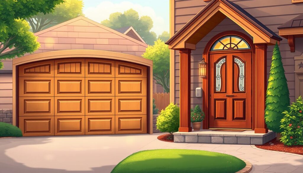 A harmonious front exterior with a warm, welcoming atmosphere. In the foreground, a well-maintained wooden garage door with intricate paneling, complemented by a classic wooden front door with decorative glass inserts. The middle ground features a neatly landscaped yard, with lush greenery and a paved walkway leading to the entryway. Soft, diffused natural lighting illuminates the scene, creating a cozy and inviting ambiance. The background showcases a picturesque suburban neighborhood, with well-kept homes and mature trees lining the street. The overall composition conveys a sense of design cohesion, where the garage and front door aesthetics work in tandem to enhance the curb appeal and create a visually appealing, cohesive home exterior.