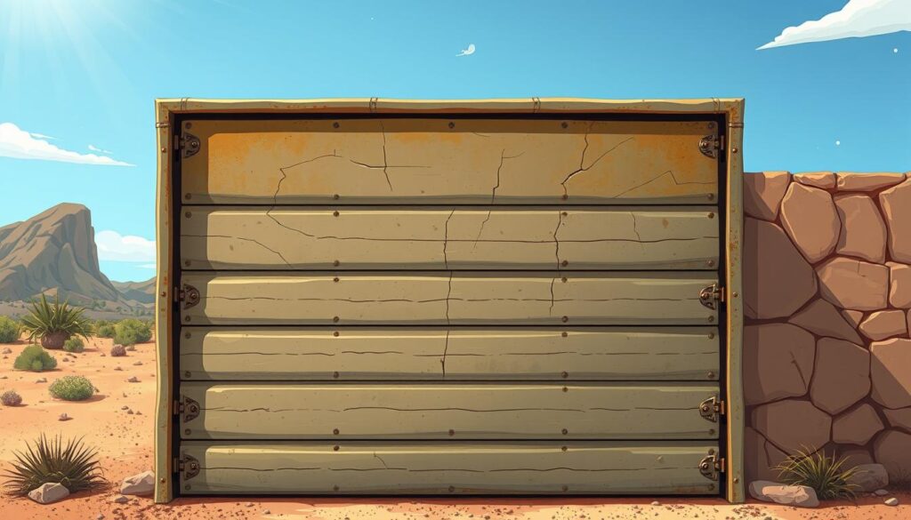 A sun-baked garage door in the heart of a scorching Arizona landscape. The metal surface shimmers with heat, its once-vibrant hue now faded and weathered. Cracks and warps begin to emerge, a testament to the relentless onslaught of the arid climate. The door's hinges creak and strain, struggling to maintain their integrity against the constant thermal expansion and contraction. Dust and debris linger in the air, settling on the door's surface, further accelerating its deterioration. A sense of rugged endurance permeates the scene, as the door defiantly stands its ground against the unforgiving elements.