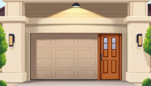 A well-crafted garage door design showcasing harmonious integration with a classic wooden front door. The garage door features a sleek, minimalist aesthetic with clean lines and a neutral color palette, complementing the warm tones of the front door. Soft, diffused lighting from above casts a gentle glow, highlighting the textural details and creating a welcoming, inviting atmosphere. The composition emphasizes the interplay between the two entryways, capturing the essence of a cohesive, visually appealing architectural design. The scene conveys a sense of balance, sophistication, and thoughtful consideration of aesthetic continuity.