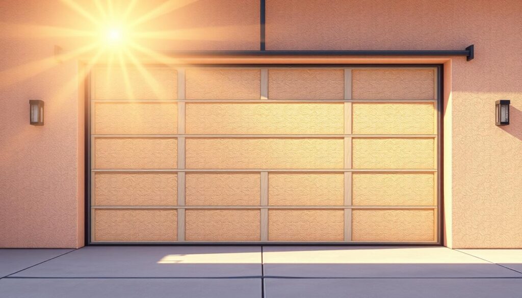 A well-insulated and energy-efficient garage door in a sunny, Arizona setting. The door is made of high-quality materials, with multiple layers of insulation visible in cross-section. Sunlight streams through the garage, casting warm, natural lighting on the insulation. The insulation's textured surface reflects the light, creating a sense of depth and materiality. The door is framed by the garage's clean, modern architecture, showcasing how effective insulation can be seamlessly integrated into a functional, visually appealing design. The overall scene conveys a sense of comfort, efficiency, and environmental awareness.