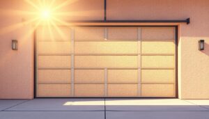 A well-insulated and energy-efficient garage door in a sunny, Arizona setting. The door is made of high-quality materials, with multiple layers of insulation visible in cross-section. Sunlight streams through the garage, casting warm, natural lighting on the insulation. The insulation's textured surface reflects the light, creating a sense of depth and materiality. The door is framed by the garage's clean, modern architecture, showcasing how effective insulation can be seamlessly integrated into a functional, visually appealing design. The overall scene conveys a sense of comfort, efficiency, and environmental awareness.