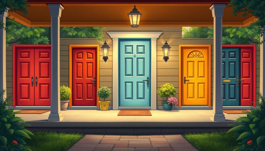 A well-lit front porch setting, featuring an assortment of beautifully painted front doors in a variety of popular color combinations. The doors are set against a backdrop of a welcoming, cozy neighborhood, with lush greenery and a soft, warm lighting that creates a inviting atmosphere. The foreground showcases the doors in detail, highlighting the textures, finishes, and hardware. In the middle ground, the doors are arranged in an aesthetically pleasing layout, allowing the viewer to easily compare and contrast the different color schemes. The background provides a natural, harmonious setting that complements the front door designs. The overall scene conveys a sense of curb appeal, style, and inspiration for homeowners seeking to enhance their home's exterior.