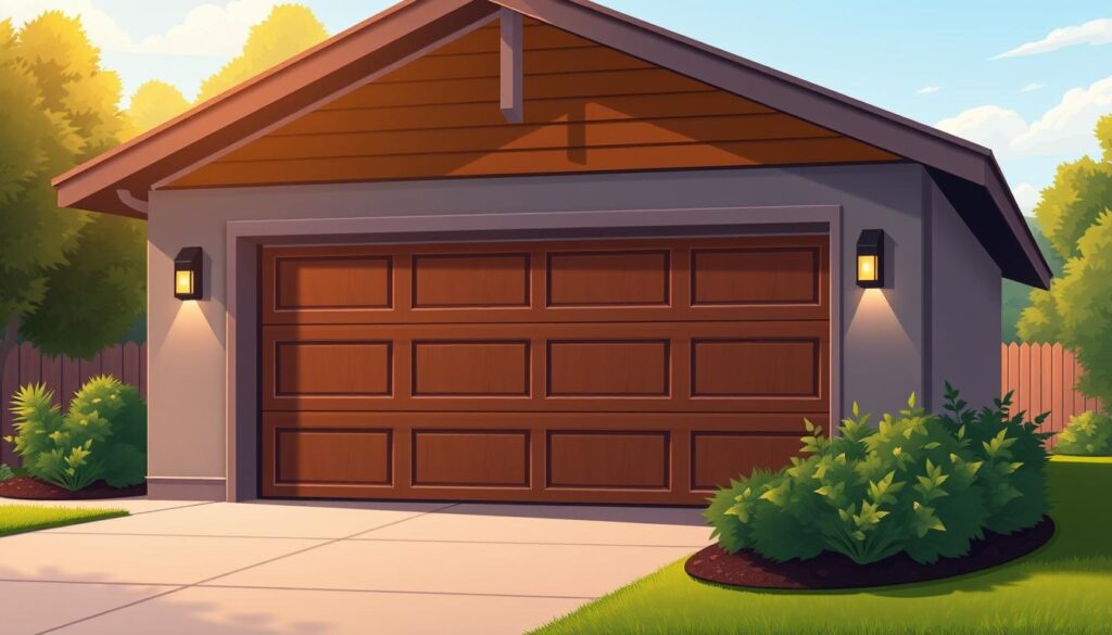 A beautifully designed and highly customizable garage door with sleek, modern panels in a warm wood grain finish. The garage sits in a cozy suburban setting, surrounded by lush greenery and a well-manicured lawn. Warm, directional lighting illuminates the scene, casting subtle shadows that accentuate the intricate details of the door's design. The garage door features a range of customizable options, including various panel styles, hardware finishes, and optional windows or decorative glass inserts, allowing homeowners to personalize it to their unique taste and the architectural style of their home.