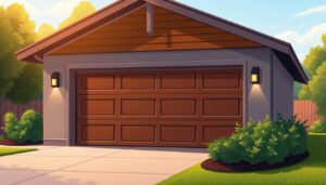 A beautifully designed and highly customizable garage door with sleek, modern panels in a warm wood grain finish. The garage sits in a cozy suburban setting, surrounded by lush greenery and a well-manicured lawn. Warm, directional lighting illuminates the scene, casting subtle shadows that accentuate the intricate details of the door's design. The garage door features a range of customizable options, including various panel styles, hardware finishes, and optional windows or decorative glass inserts, allowing homeowners to personalize it to their unique taste and the architectural style of their home.
