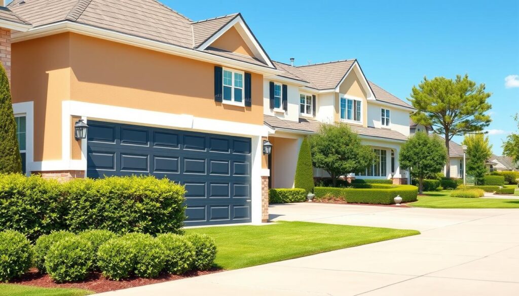 A bright, modern garage door in a variety of popular colors against a crisp, sunny exterior. In the foreground, an assortment of vibrant garage door hues including classic white, warm gray, sleek black, rich navy, and inviting sage green. The middle ground showcases the doors in different lighting conditions, from direct sunlight to soft shadow, to highlight their varied textures and finishes. In the background, a well-manicured suburban neighborhood with neatly trimmed shrubs, lush greenery, and a clear blue sky provide a serene, inviting environment. The overall scene conveys a sense of curb appeal, style, and timeless sophistication.