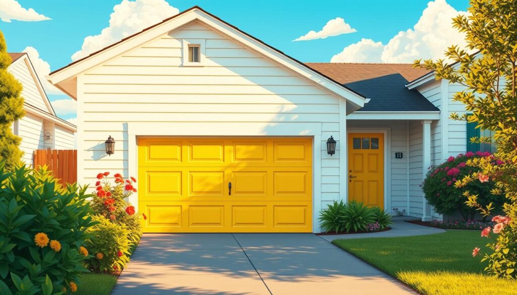 A vibrant, sunny yellow garage door stands out against the crisp white siding of a charming suburban home. The door is bathed in warm, golden light, casting a cheerful glow that radiates energy and playfulness. The texture of the door is meticulously detailed, with slight variations in the paint hue and subtle brushstrokes that add depth and character. In the foreground, lush, verdant plants and blooming flowers frame the entrance, creating a welcoming and inviting atmosphere. The middle ground features a well-maintained, tidy driveway leading up to the garage, while the background showcases a clear, azure sky with fluffy, cumulus clouds drifting lazily overhead. The overall composition exudes a sense of joy, whimsy, and a touch of retro charm, perfectly capturing the essence of a "Bright Colors for a Fun and Playful Vibe".