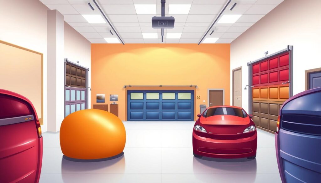A well-lit, modern garage door showroom with a variety of garage door finishes and colors on display. The foreground features several garage doors in different hues, from warm earth tones to bold, vibrant shades, showcasing how the finish can dramatically impact the perceived color. The middle ground has additional garage door samples, allowing the viewer to compare and contrast the subtle nuances between each option. In the background, a clean, minimalist interior with bright lighting accentuates the textures and details of the garage doors, creating a sleek, high-end atmosphere that demonstrates the profound influence of the garage door finish on a home's overall curb appeal.