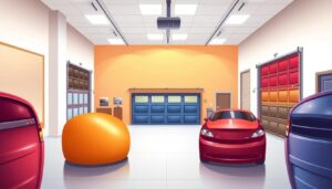 A well-lit, modern garage door showroom with a variety of garage door finishes and colors on display. The foreground features several garage doors in different hues, from warm earth tones to bold, vibrant shades, showcasing how the finish can dramatically impact the perceived color. The middle ground has additional garage door samples, allowing the viewer to compare and contrast the subtle nuances between each option. In the background, a clean, minimalist interior with bright lighting accentuates the textures and details of the garage doors, creating a sleek, high-end atmosphere that demonstrates the profound influence of the garage door finish on a home's overall curb appeal.