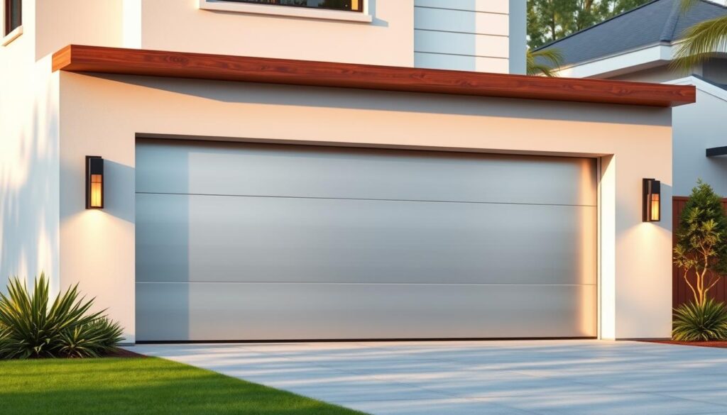 An elegant modern garage door, made of sleek brushed aluminum panels with clean lines and a minimalist design. The door is set against a backdrop of a contemporary suburban home, with its crisp white facade, large windows, and a neatly landscaped lawn. Soft, diffused lighting illuminates the scene, casting warm shadows and highlights that accentuate the door's sophisticated aesthetic. The composition has a balanced, harmonious feel, capturing the essence of a stylish, high-end garage door that seamlessly integrates with the overall architectural style of the home.