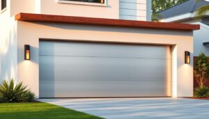 An elegant modern garage door, made of sleek brushed aluminum panels with clean lines and a minimalist design. The door is set against a backdrop of a contemporary suburban home, with its crisp white facade, large windows, and a neatly landscaped lawn. Soft, diffused lighting illuminates the scene, casting warm shadows and highlights that accentuate the door's sophisticated aesthetic. The composition has a balanced, harmonious feel, capturing the essence of a stylish, high-end garage door that seamlessly integrates with the overall architectural style of the home.