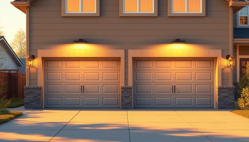 a highly detailed, photorealistic image of energy-efficient garage doors in a modern, well-lit setting. the garage doors are made of sleek, insulated materials with advanced weatherstripping to maximize thermal efficiency. the doors are painted in a neutral, muted color palette that complements the facade of a contemporary suburban home. the lighting is a combination of warm, natural sunlight streaming through the garage windows and subtle artificial illumination, creating a welcoming and inviting atmosphere. the image is shot from a slightly elevated angle to showcase the clean lines and efficient design of the garage doors.