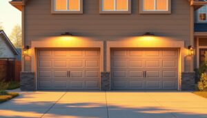 a highly detailed, photorealistic image of energy-efficient garage doors in a modern, well-lit setting. the garage doors are made of sleek, insulated materials with advanced weatherstripping to maximize thermal efficiency. the doors are painted in a neutral, muted color palette that complements the facade of a contemporary suburban home. the lighting is a combination of warm, natural sunlight streaming through the garage windows and subtle artificial illumination, creating a welcoming and inviting atmosphere. the image is shot from a slightly elevated angle to showcase the clean lines and efficient design of the garage doors.