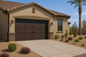 dark brown garage door with windows in queen creek